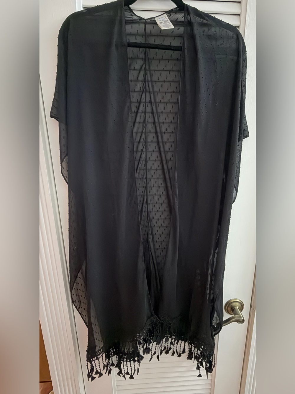 Time and Tru Womenโs Black Sheer Kimono Cover-Up with Tassel Fringe One Size